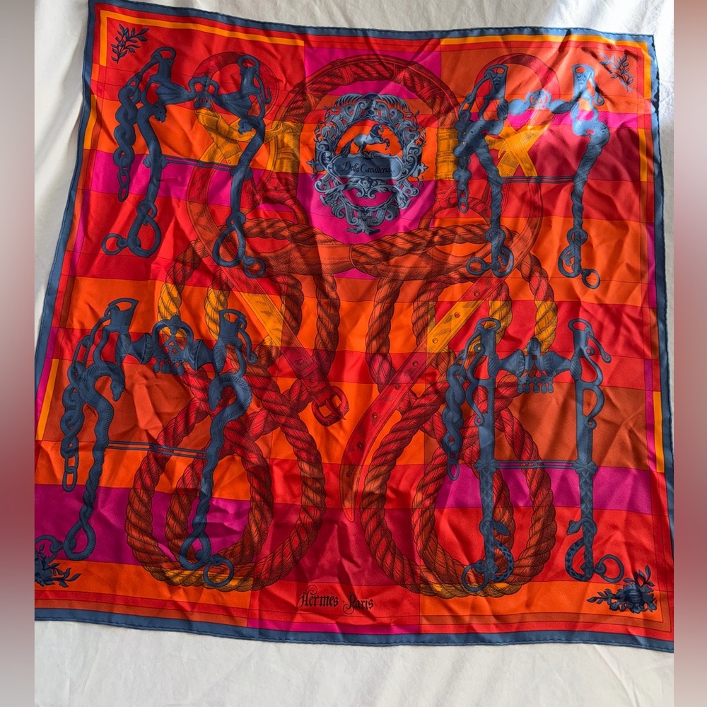 Hermès Silk Red Multicolor Della Cavalleria Scarf 90